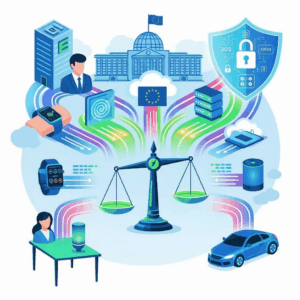 Illustration futuriste et claire du Data Act européen (2025). Une scène représentant : Des utilisateurs connectés à divers objets intelligents (montres, enceintes vocales, voitures connectées). Des flux de données colorés et lumineux circulant librement entre les objets, les utilisateurs et des serveurs cloud, symbolisant la portabilité et l’accès facilité aux données. Une balance ou un symbole d’équité au centre pour illustrer l’objectif de rééquilibrer les relations contractuelles. En arrière-plan, des bâtiments institutionnels européens stylisés, montrant le rôle des organismes publics en cas d’urgence. Un bouclier lumineux protégeant les flux de données, représentant la cybersécurité, avec des cadenas, protocoles ou motifs de chiffrement intégrés dans le visuel.